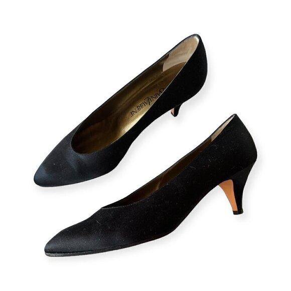 Yves Saint Laurent Vintage 80s Black  Satin Pumps, Size 7 1/2, Made in Italy - Picture 1 of 12